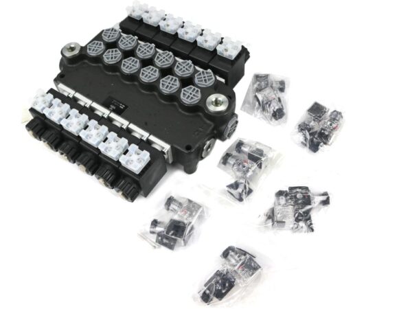 Rozdzielacz hydrauliczny 6-sekcyjny sterowany elektrycznie 12V 80L VOIMA