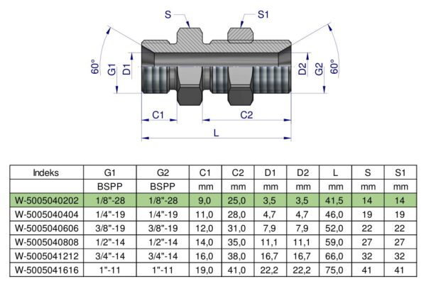 Złączka hydrauliczna calowa grodziowa BB 1/8" BSP z przeciwnakrętką (XSV) Waryński ( sprzedawane po 2 )