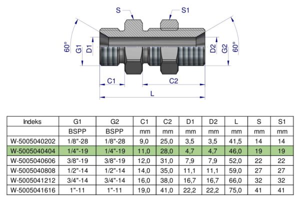 Złączka hydrauliczna calowa grodziowa BB 1/4" BSP z przeciwnakrętką (XSV) Waryński ( sprzedawane po 2 )