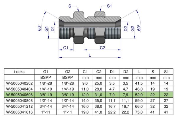 Złączka hydrauliczna calowa grodziowa BB 3/8" BSP z przeciwnakrętką (XSV) Waryński ( sprzedawane po 2 )