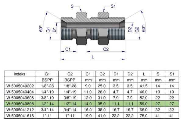 Złączka hydrauliczna calowa grodziowa BB 1/2" BSP z przeciwnakrętką (XSV) Waryński ( sprzedawane po 2 )