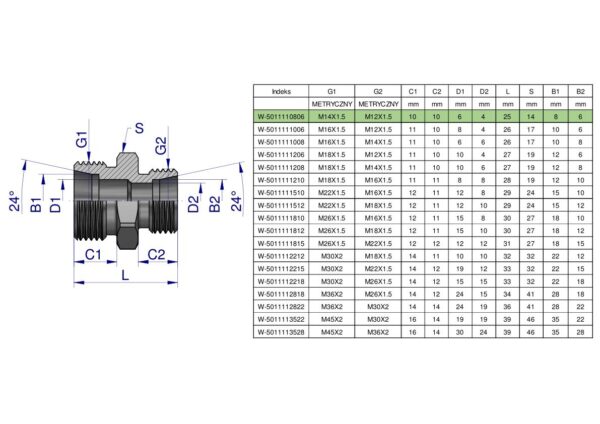 Złączka hydrauliczna redukcyjna metryczna BB M14x1.5 08L / M12x1.5 06L (XG) Waryński ( sprzedawane po 5 )