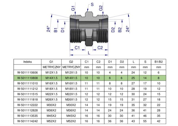 Złączka hydrauliczna metryczna BB M14x1.5 08L (XG) Waryński ( sprzedawane po 10 )