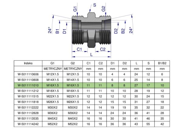 Złączka hydrauliczna metryczna BB M16x1.5 10L (XG) Waryński ( sprzedawane po 10 )