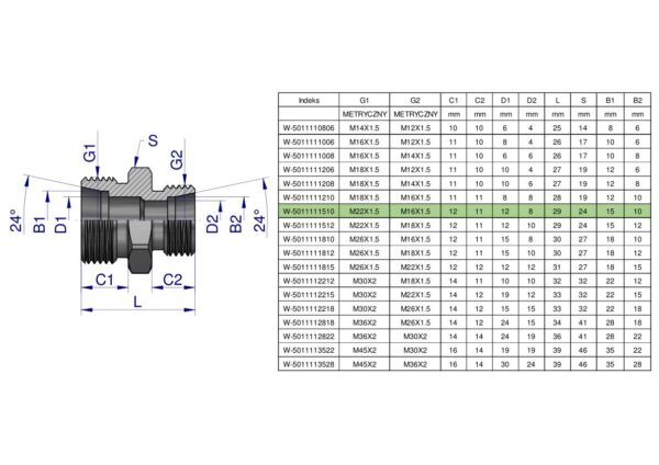 Złączka hydrauliczna redukcyjna metryczna BB M22x1.5 15L / M16x1.5 10L (XG) Waryński ( sprzedawane po 10 )