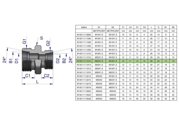 Złączka hydrauliczna redukcyjna metryczna BB 22/18  M22x1.5 15L / M18x1.5 12L (XG) Waryński ( sprzedawane po 10 )