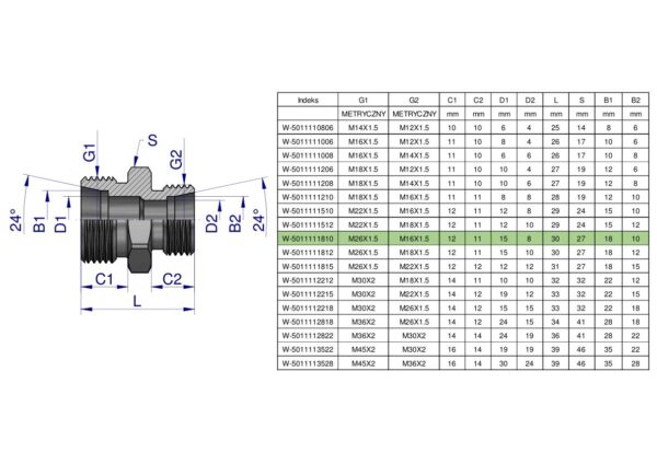 Złączka hydrauliczna redukcyjna metryczna BB M26x1.5 18L / M16x1.5 10L (XG) Waryński ( sprzedawane po 2 )