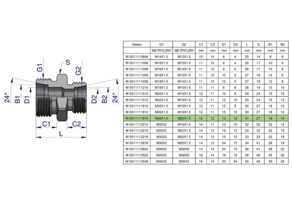 Złączka hydrauliczna redukcyjna metryczna BB M26x1.5 18L / M22x1.5 15L (XG) Waryński ( sprzedawane po 2 )