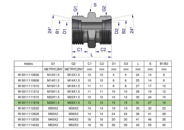 Złączka hydrauliczna metryczna BB M26x1.5 18L (XG) Waryński ( sprzedawane po 5 )