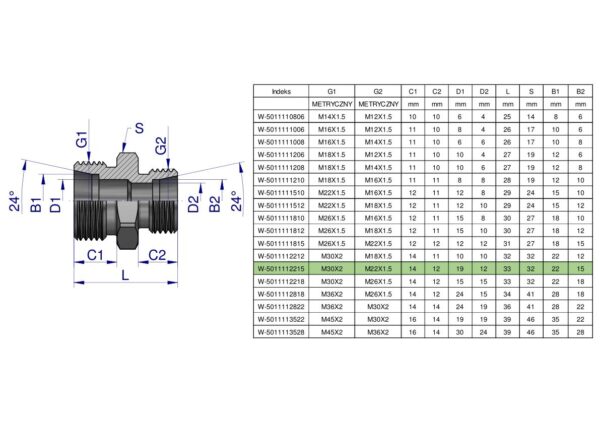 Złączka hydrauliczna redukcyjna metryczna BB M30x2 22L / M22x1.5 15L (XG) Waryński