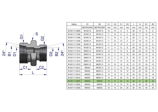 Złączka hydrauliczna redukcyjna metryczna BB M36x2 28L / M30x2 22L (XG) Waryński