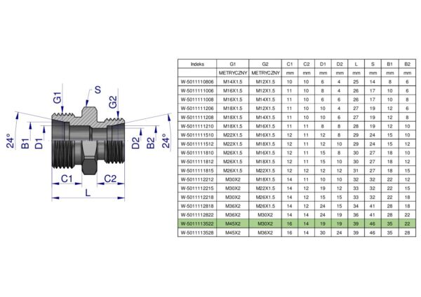Złączka hydrauliczna redukcyjna metryczna BB M45x2 35L / M30x2 22L (XG) Waryński