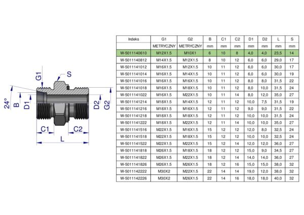 Przyłączka hydrauliczna metryczna BB (XGE) M12x1.5 06L x M10x1 ED Waryński ( sprzedawane po 5 )
