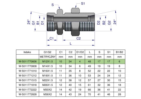 Złączka hydrauliczna metryczna grodziowa BB M12x1.5 06L z przeciwnakrętką (XSV) Waryński ( sprzedawane po 2 )
