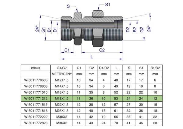 Złączka hydrauliczna metryczna grodziowa BB M18x1.5 12L z przeciwnakrętką (XSV) Waryński ( sprzedawane po 2 )