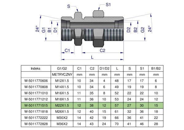 Złączka hydrauliczna metryczna grodziowa BB M22x1.5 15L z przeciwnakrętką (XSV) Waryński ( sprzedawane po 2 )