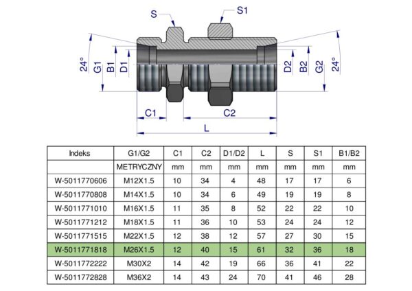 Złączka hydrauliczna metryczna grodziowa BB M26x1.5 18L z przeciwnakrętką (XSV) Waryńśki