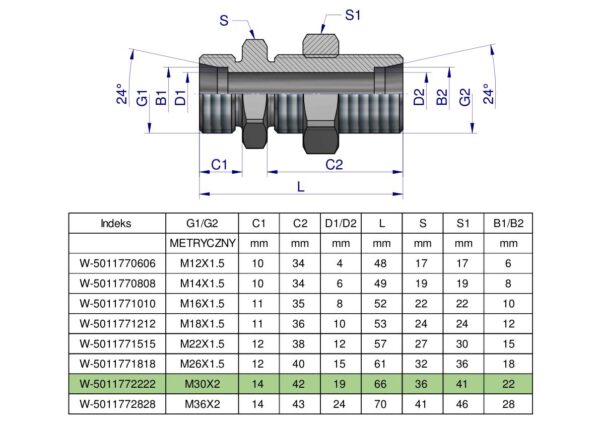 Złączka hydrauliczna metryczna grodziowa BB M30x2 22L z przeciwnakrętką (XSV) Waryński