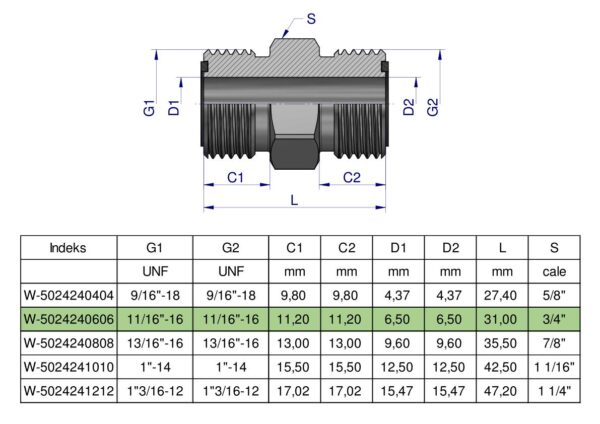 Złączka hydrauliczna calowa BB 11/16" ORFS (UNF) Waryński ( sprzedawane po 2 )