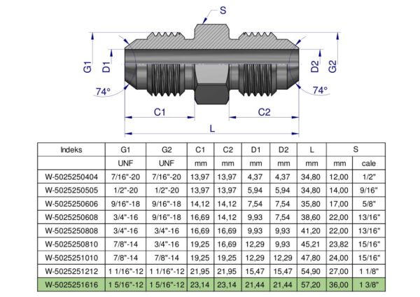Złączka hydrauliczna calowa BB 1 5/16" UNF (JIC) Waryński