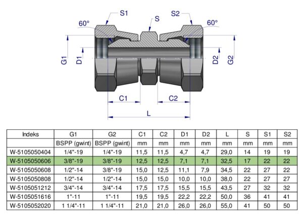 Złączka hydrauliczna calowa AA 3/8" BSP Waryński ( sprzedawane po 2 )