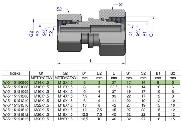 Złączka hydrauliczna metryczna AA M14x1.5 08L x M12x1.5 06L Waryński ( sprzedawane po 2 )