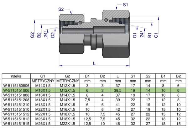 Złączka hydrauliczna metryczna AA M16x1.5 10L x M12x1.5 06L Waryński ( sprzedawane po 2 )