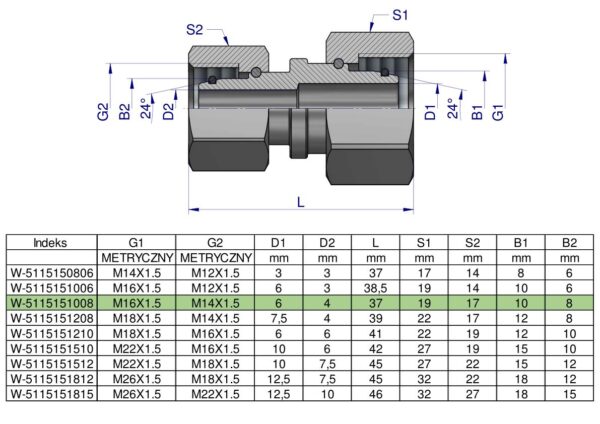 Złączka hydrauliczna metryczna AA M16x1.5 10L x M14x1.5 08L Waryński ( sprzedawane po 2 )