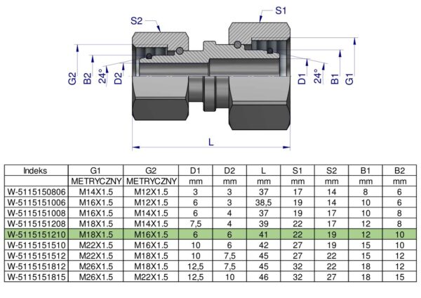 Złączka hydrauliczna metryczna AA M18x1.5 12L x M16x1.5 10L Waryński ( sprzedawane po 5 )