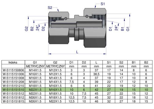 Złączka hydrauliczna metryczna AA M22x1.5 15L x M16x1.5 10L Waryński ( sprzedawane po 5 )