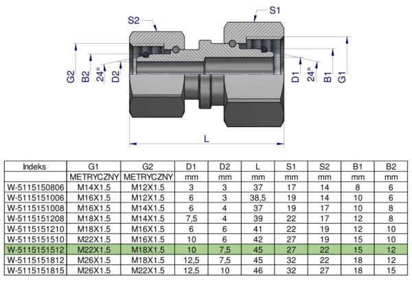 Złączka hydrauliczna metryczna AA M22x1.5 15L x M18x1.5 12L Waryński ( sprzedawane po 5 )