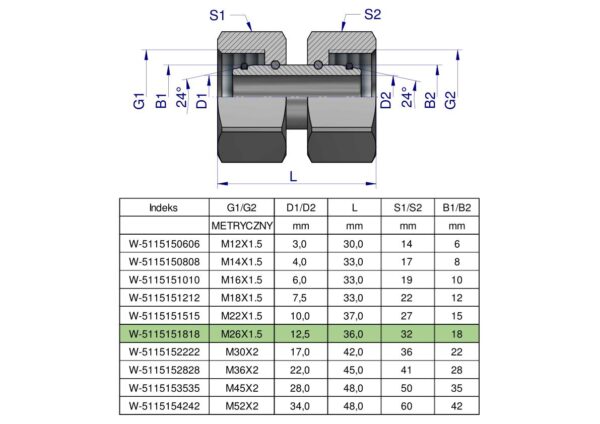 Złączka hydrauliczna metryczna AA M26x1.5 18L Waryński
