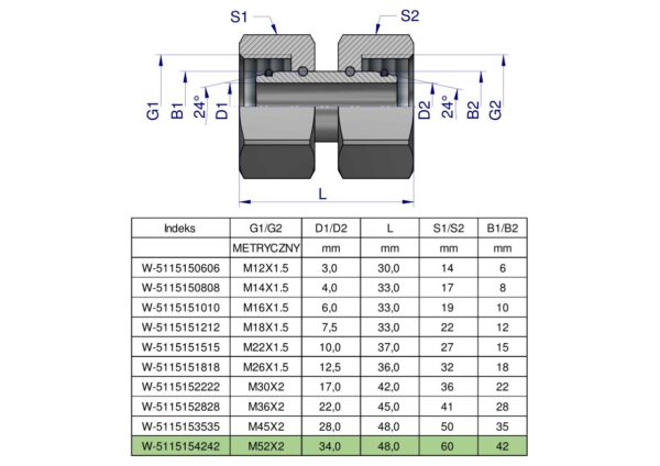 Złączka hydrauliczna metryczna AA M52x2 42L Waryński