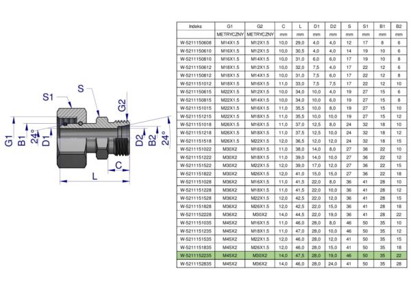 Złączka hydrauliczna metryczna AB (XKOR) A-M45x2 35L / B-M30x2 22L Waryński