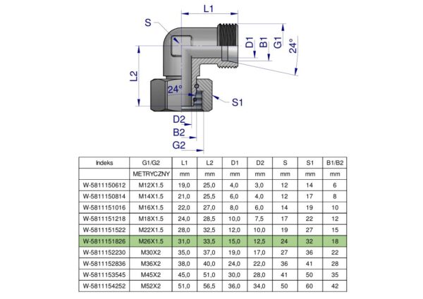 Kolanko hydrauliczne metryczne AB M26x1.5 18L (XEVW) Waryński