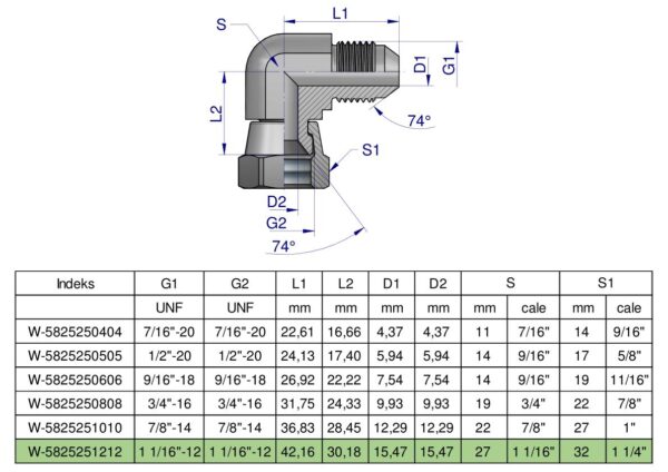 Kolanko hydrauliczne calowe AB 1 1/16" UNF (JIC) Waryński