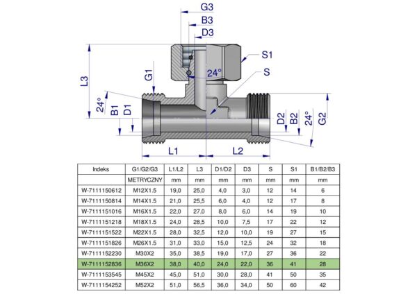 Trójnik hydrauliczny symetryczny metryczny BAB M36x2 28L (XEVT) Waryński