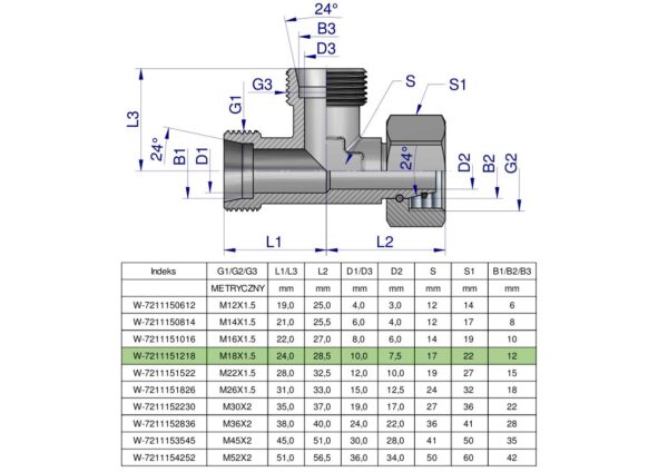 Trójnik hydrauliczny niesymetryczny metryczny BBA M18x1.5 12L (XEVL) Waryński ( sprzedawane po 5 )