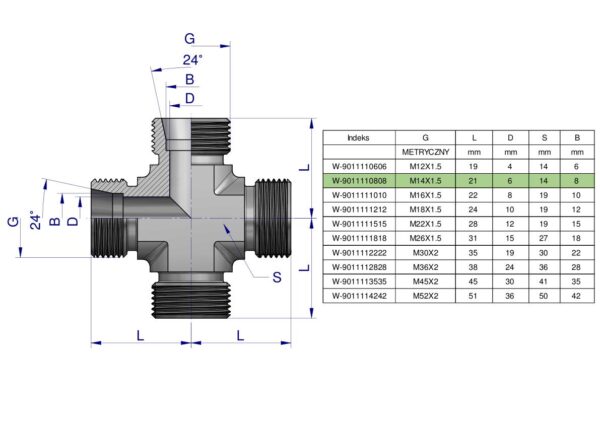 Czwórnik hydrauliczny metryczny BBBB M14x1.5 08L Waryński
