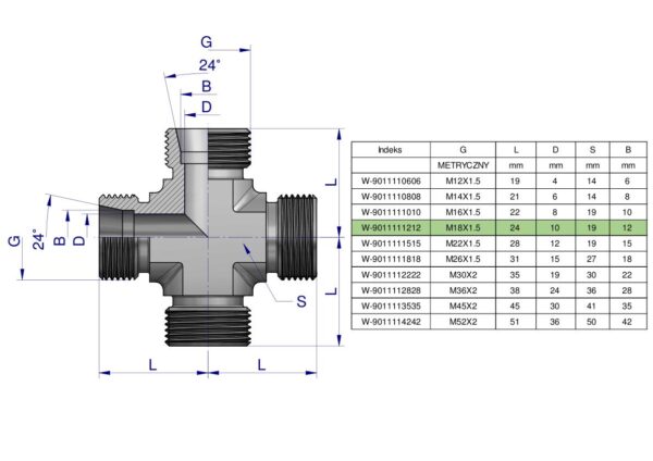 Czwórnik hydrauliczny metryczny BBBB M18x1.5 12L Waryński