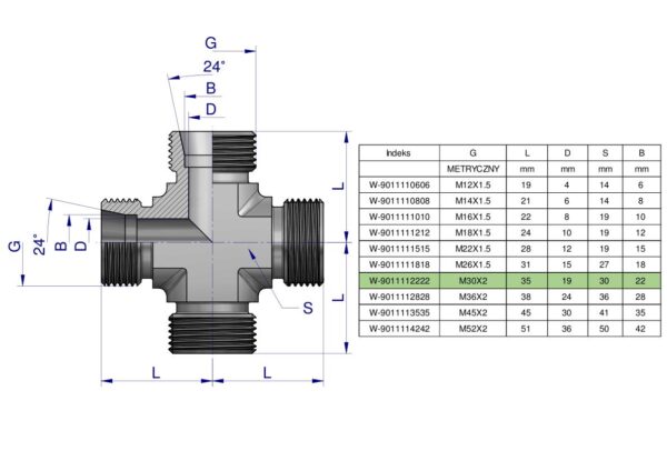 Czwórnik hydrauliczny metryczny BBBB M30x2 22L Waryński
