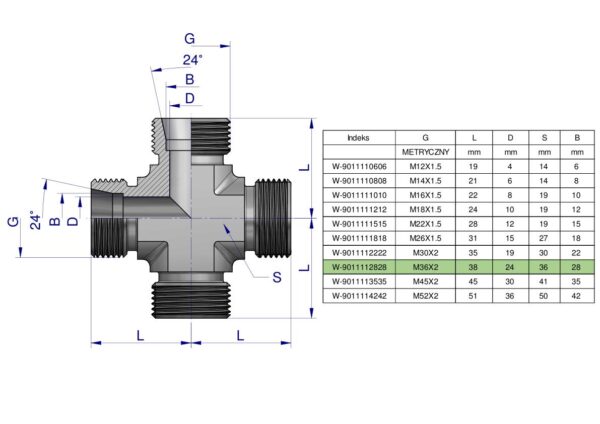 Czwórnik hydrauliczny metryczny BBBB M36x2 28L Waryński