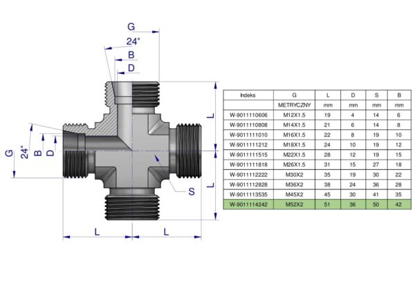 Czwórnik hydrauliczny metryczny BBBB M52x2 42L Waryński