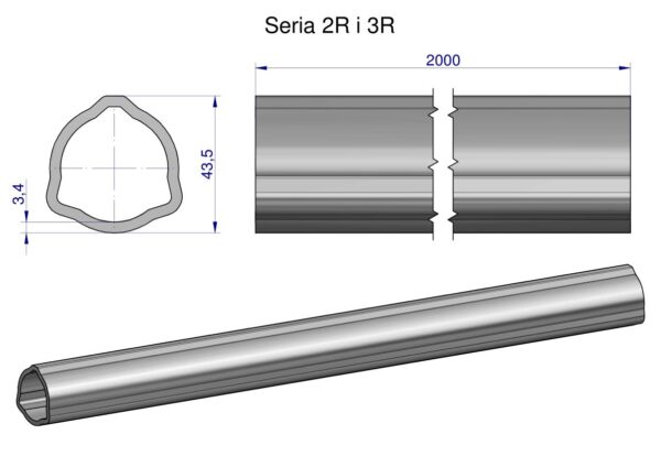 Rura trójkątna zewnętrzna Seria 2R i 3R do wału przegubowo-teleskopowego 43.5x3.4mm 2m WARYŃSKI (sprzedawane po 2)